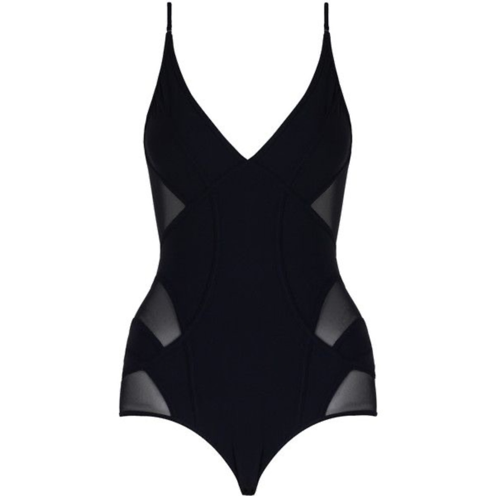 ZIMMERMANN Devi Panelled Mesh One Piece, Low Back, V-Neck Black 4-6 Small